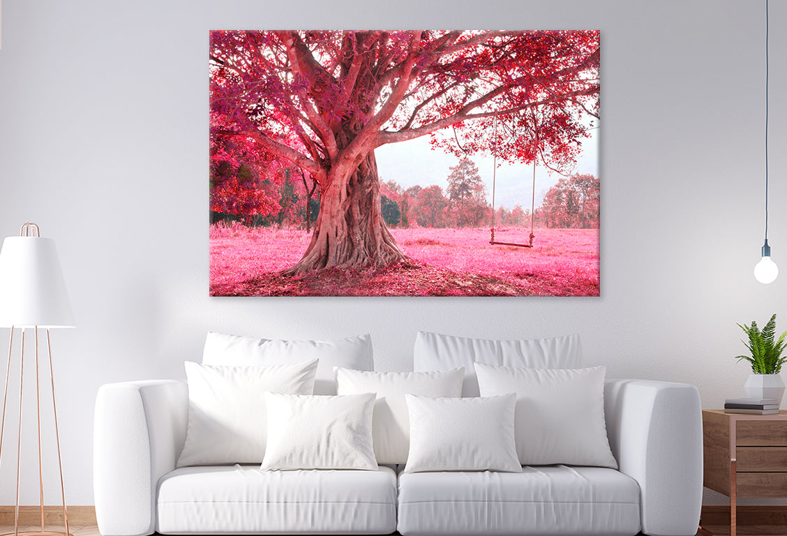 Swing on Tree in Pink Forest  Wall Art Decor 100% Australian Made