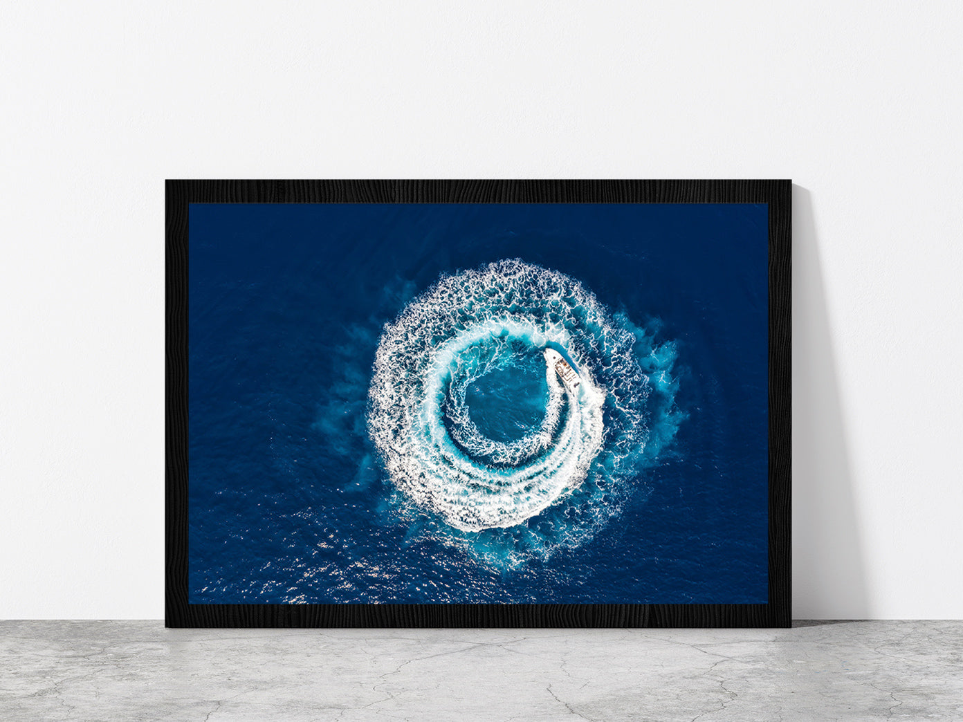 Motorboat Forms A Circle Of Waves Glass Framed Wall Art, Ready to Hang Quality Print Without White Border Black