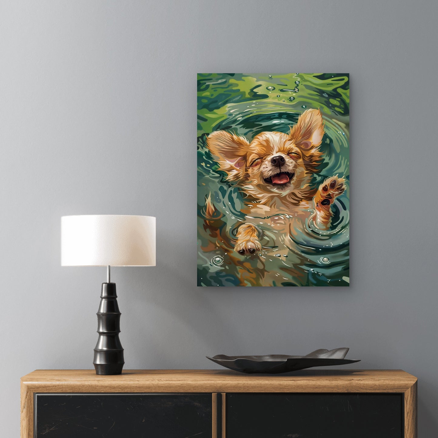 Happy Chihuahua Puppy Swimming 60x90cm Metal Print Ready to Hang