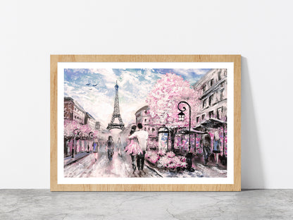 Street View Of Paris With Eiffel Tower Glass Framed Wall Art, Ready to Hang Quality Print With White Border Oak