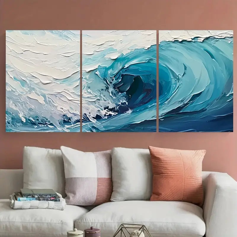 3pcs Blue Wave Ocean Teal and White Metal Print Ready to Hang Art