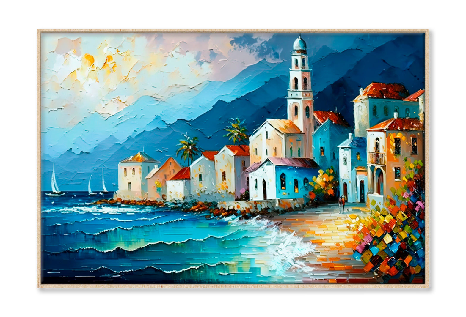 Coastal Line Village Oil Painting Wall Art Limited Edition High Quality Print Canvas Box Framed Natural