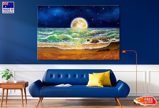 Sea Waves & Night Moon Sky Oil Painting Wall Art Limited Edition High Quality Print