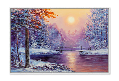 Winter Season River & Bridge Painting Limited Edition High Quality Print Canvas Box Framed White