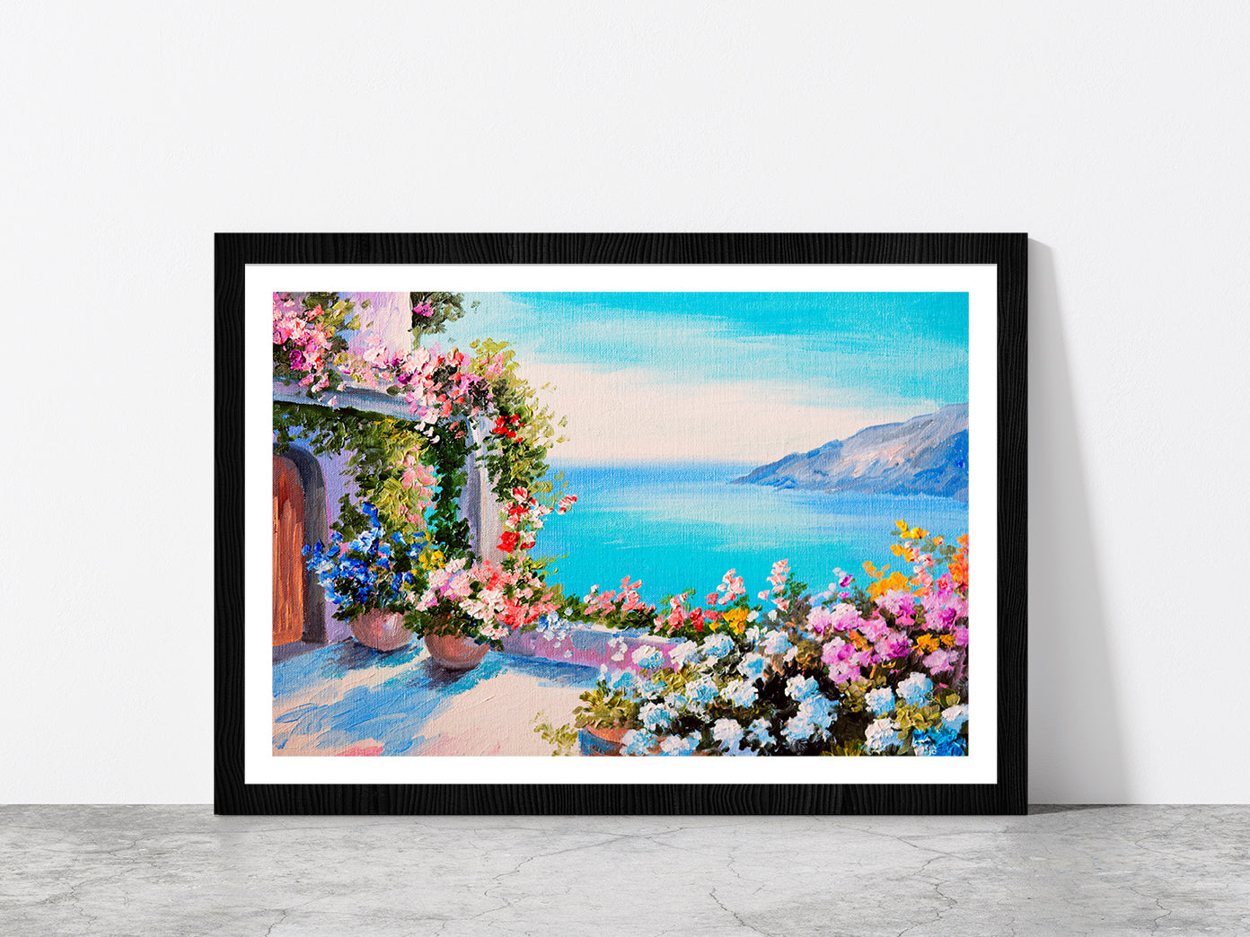 House Near The Sea Oil Painting Glass Framed Wall Art, Ready to Hang Quality Print With White Border Black