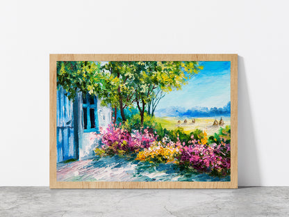 Garden Near The House & Colorful flowers Glass Framed Wall Art, Ready to Hang Quality Print Without White Border Oak