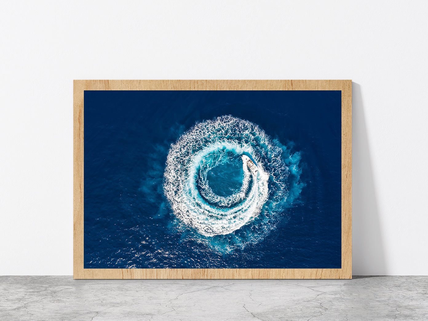 Motorboat Forms A Circle Of Waves Glass Framed Wall Art, Ready to Hang Quality Print Without White Border Oak