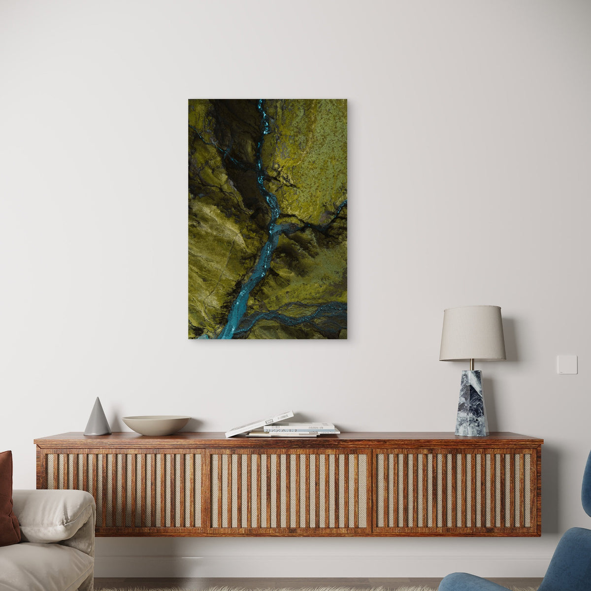 Aerial View Winding River Green Hills in Iceland 40x60cm Metal Print Ready to Hang