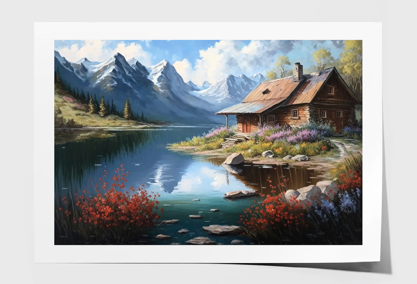 Old Cabin by Lake & Mountain Oil Painting Wall Art Limited Edition High Quality Print Unframed Roll Canvas None