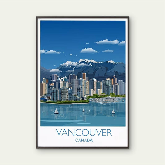 Snowy Mountains Above The Modern Vancouver sky Travel Poster Print Wall Art
