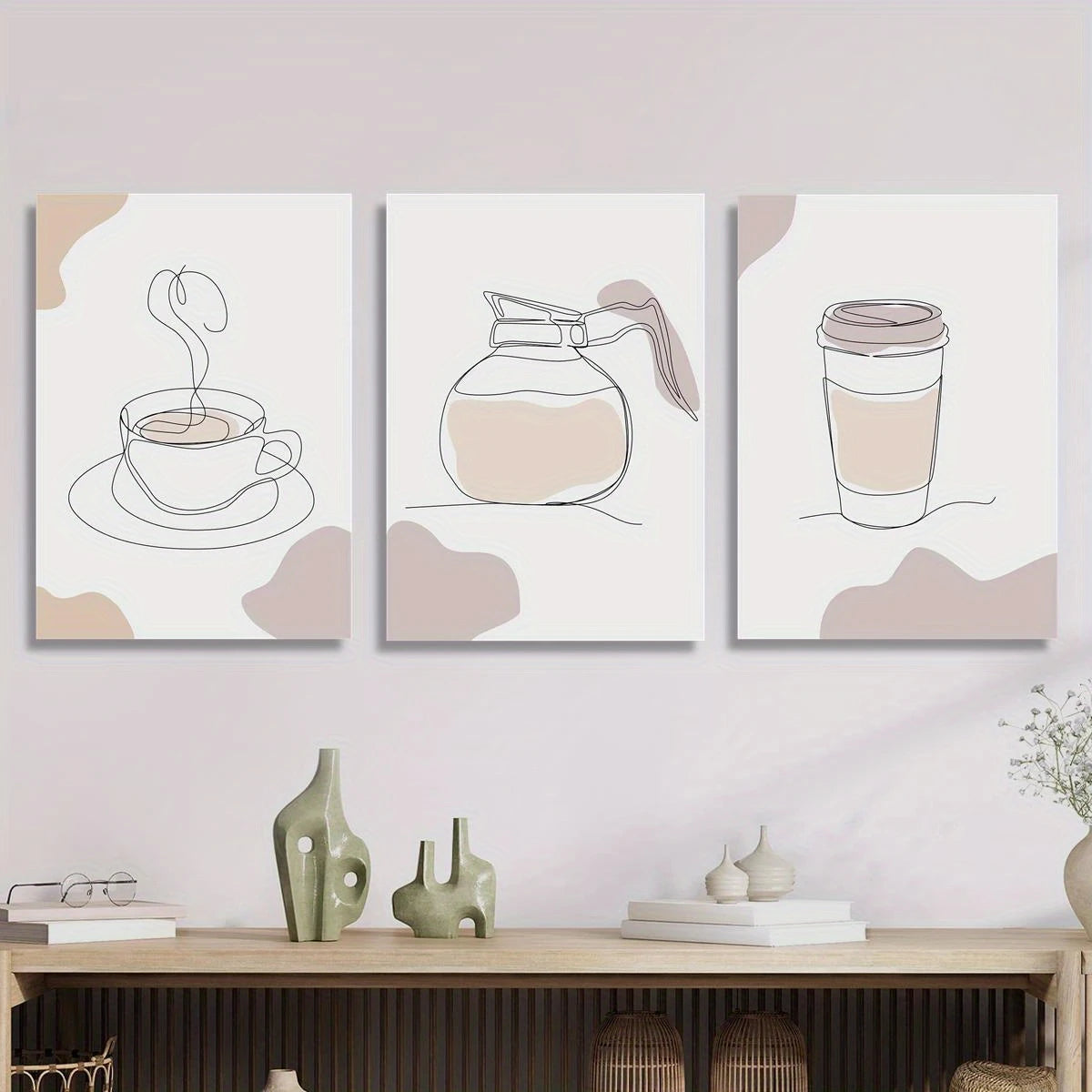 3pcs Geometric Line Art of Coffee Cup & Pot Metal Print Ready to Hang Art