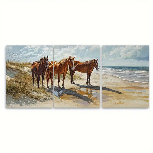 3pcs Outer Banks Wild Horses Beach Wall Art Set Canvas Framed 60x90cm - High Quality Print 100% Australian Made Wall Canvas Ready to Hang