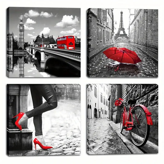 4pcs Paris Eiffel Tower Canvas Wall Art Canvas Framed