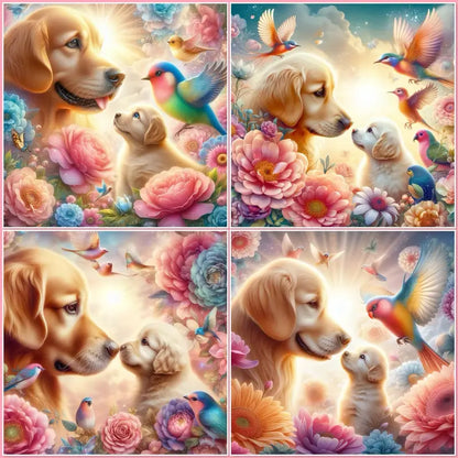 4pcs Dog Mom And Puppy ,Birds Wall Art Canvas Framed