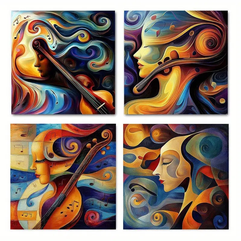 4pcs Violin & Saxophone, Colorful Swirls & Musical Notes  Wall Art Canvas Framed