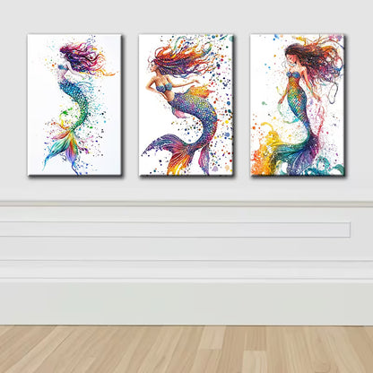 3pcs Vibrant Mermaid Watercolor Wall Art Set Canvas Framed 40x60cm - High Quality Print 100% Australian Made Wall Canvas Ready to Hang