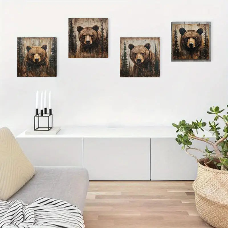 4pcs  Rustic Brown Bear  Retro Style Decor  RB  Wall Art Canvas Framed