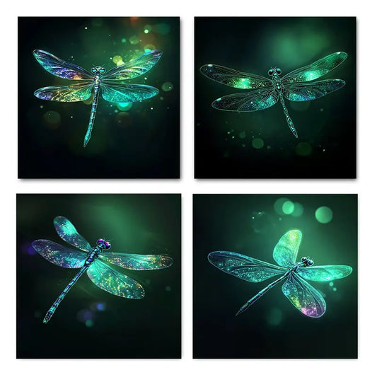 4pcs   Green Dragonfly  Nature Inspired GH   Wall Art Canvas Framed
