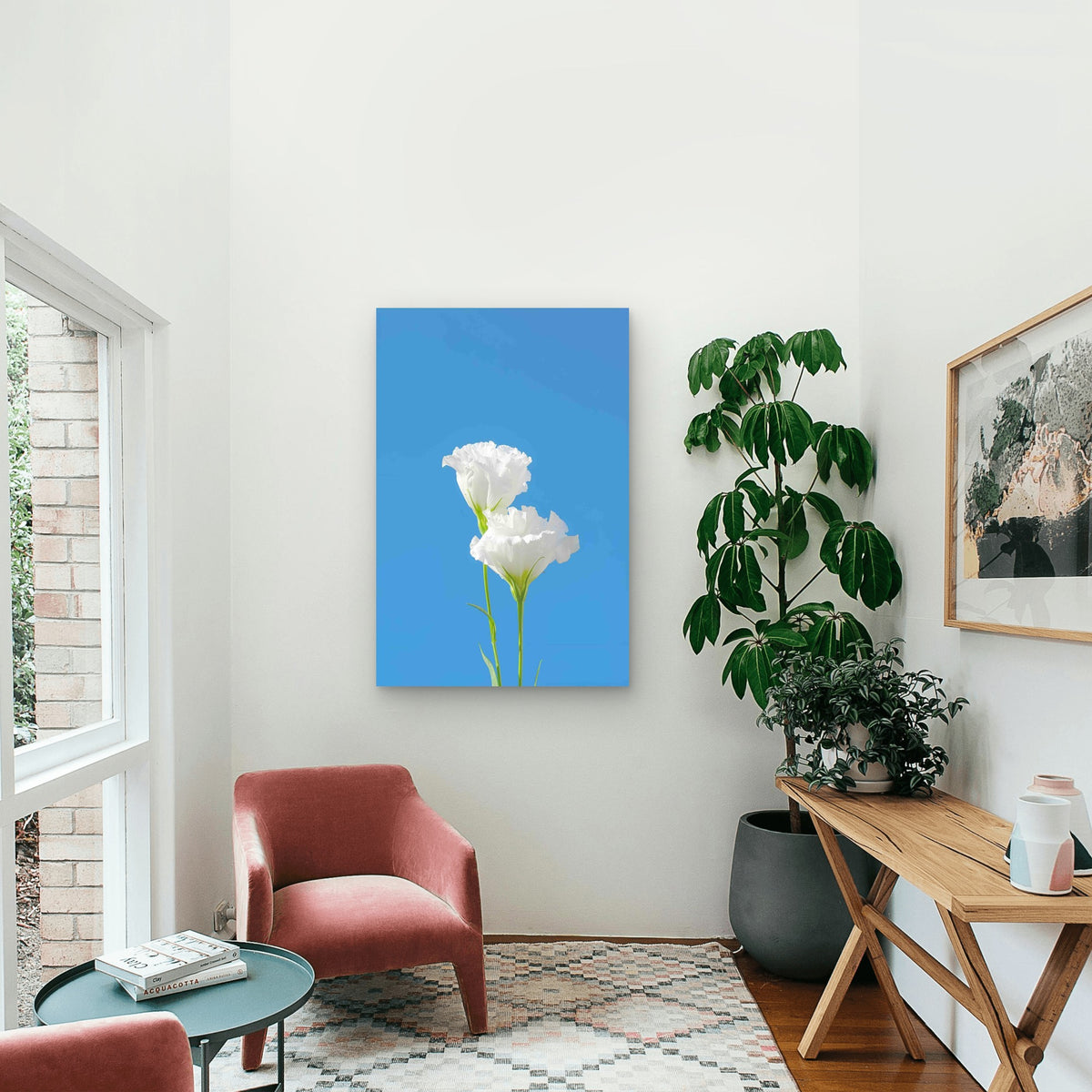 Pure White Eustoma Against A Vivid Blue Sky 60x90cm Metal Print Ready to Hang