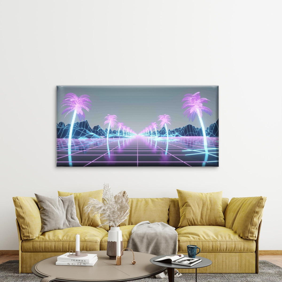 Futuristic Synthwave Background Wall Art Canvas Office Home Room Framed 120x60cm