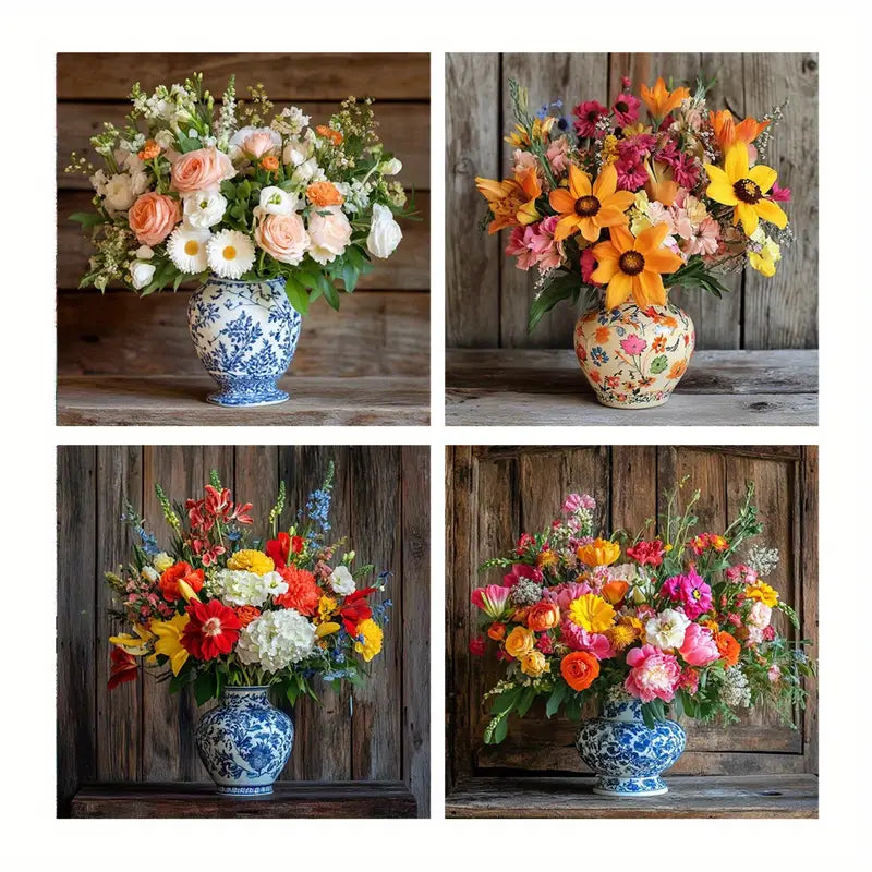 4pcsVibrant Bouquet Art Prints in Blue And Whit Wall Art Canvas Framed