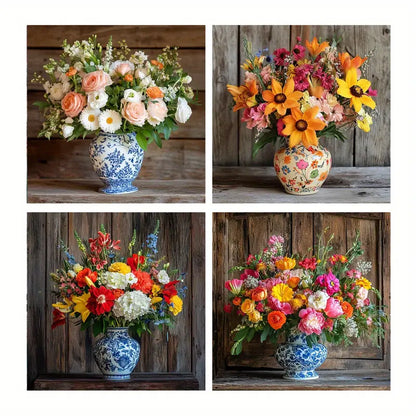 4pcsVibrant Bouquet Art Prints in Blue And Whit Wall Art Canvas Framed