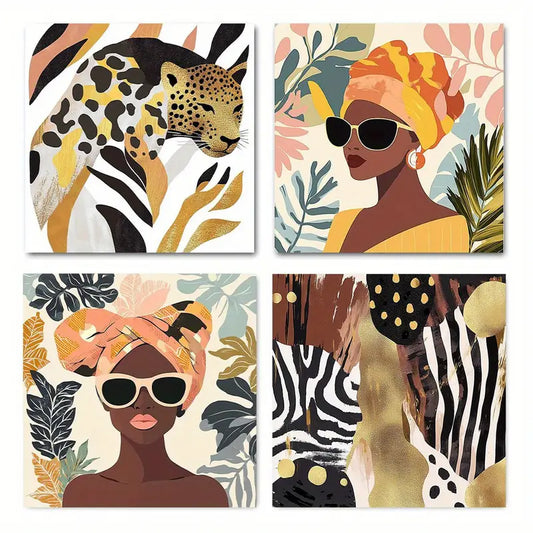 4pcs Traditional Women & Leopard Wall Art Canvas Framed