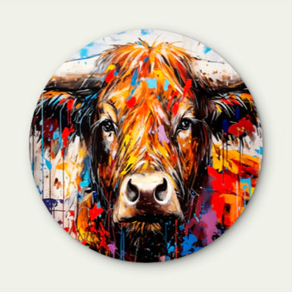 Multi-Color Abstract Highland Cow Acrylic Glass Rounded Print Tempered Glass Wall Art 100% Made in Australia Ready to Hang