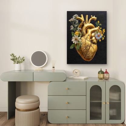 Human Heart Golden with Flowers 60x90cm Metal Print Ready to Hang