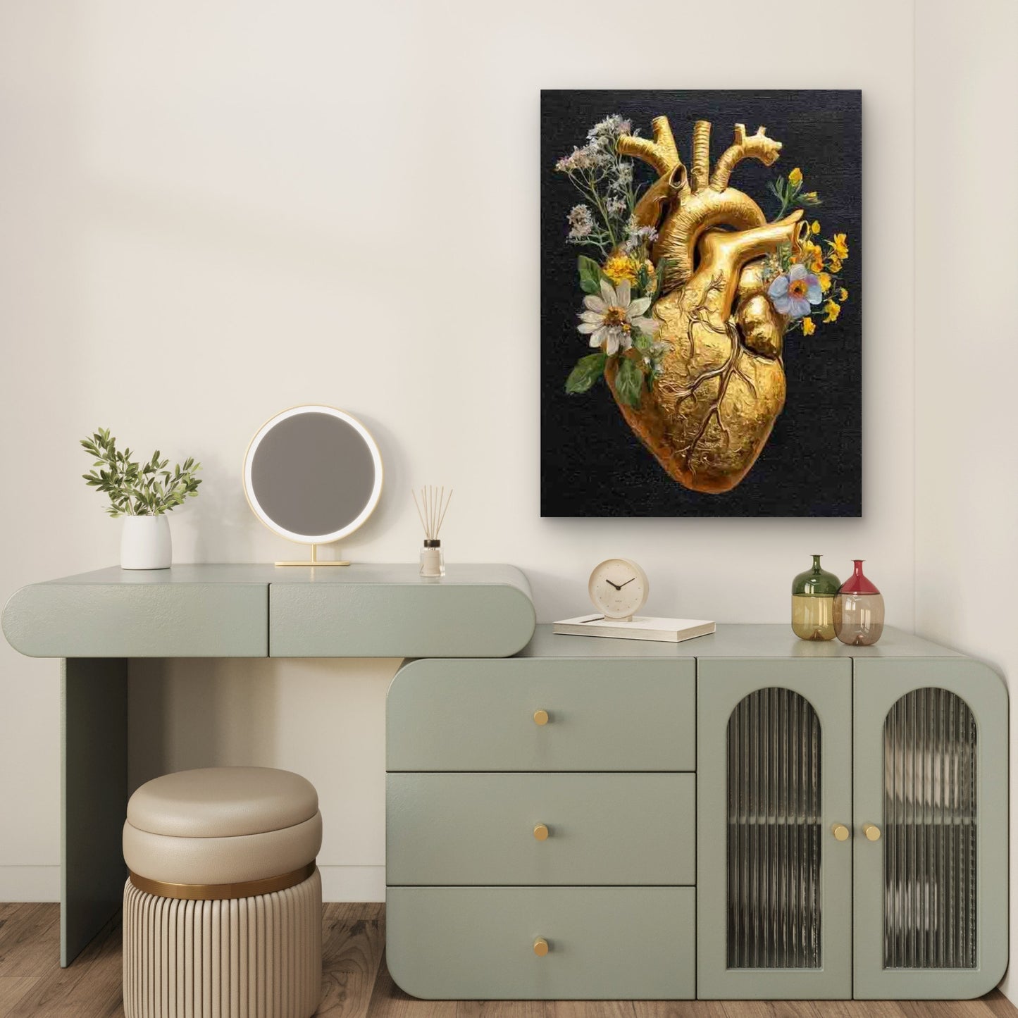 Human Heart Golden with Flowers Metal Print Ready to Hang