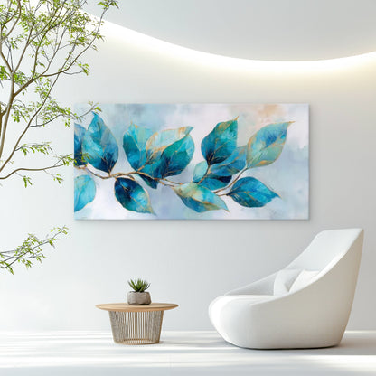 Turquoise & Golden Leaf Wall Art Canvas Office Home Room Framed 120x60cm
