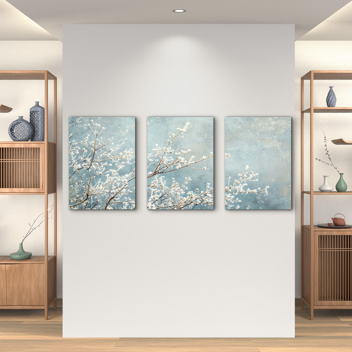 3pcs Frosted White Blossoms On Blue Sky Wall Art Set Canvas Framed 40x60cm - High Quality Print 100% Australian Made Wall Canvas Ready to Hang