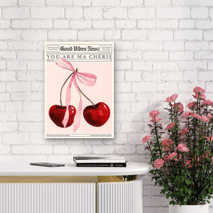 Cherries with Pink Ribbon Metal Print Ready to Hang