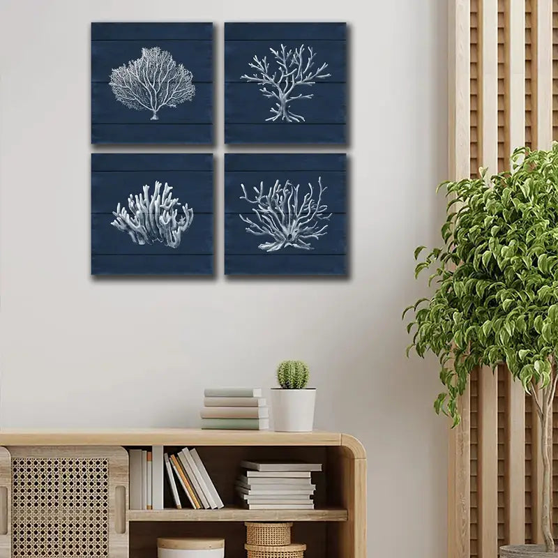 4pcs Coral Ocean Navy Blue Coastal Wall Art Canvas Framed