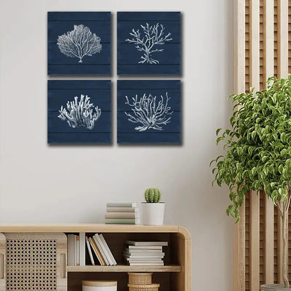 4pcs Coral Ocean Navy Blue Coastal Wall Art Canvas Framed