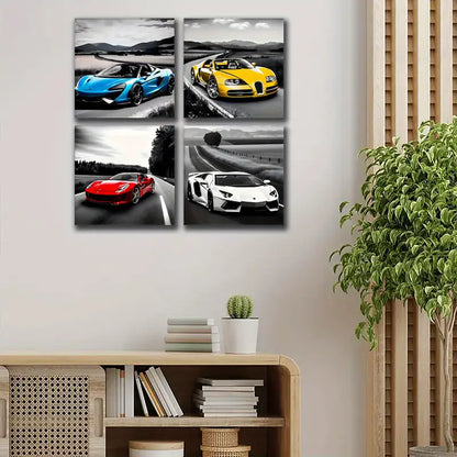 4pcs Colorful Racing Car Painting Wall Art Canvas Framed