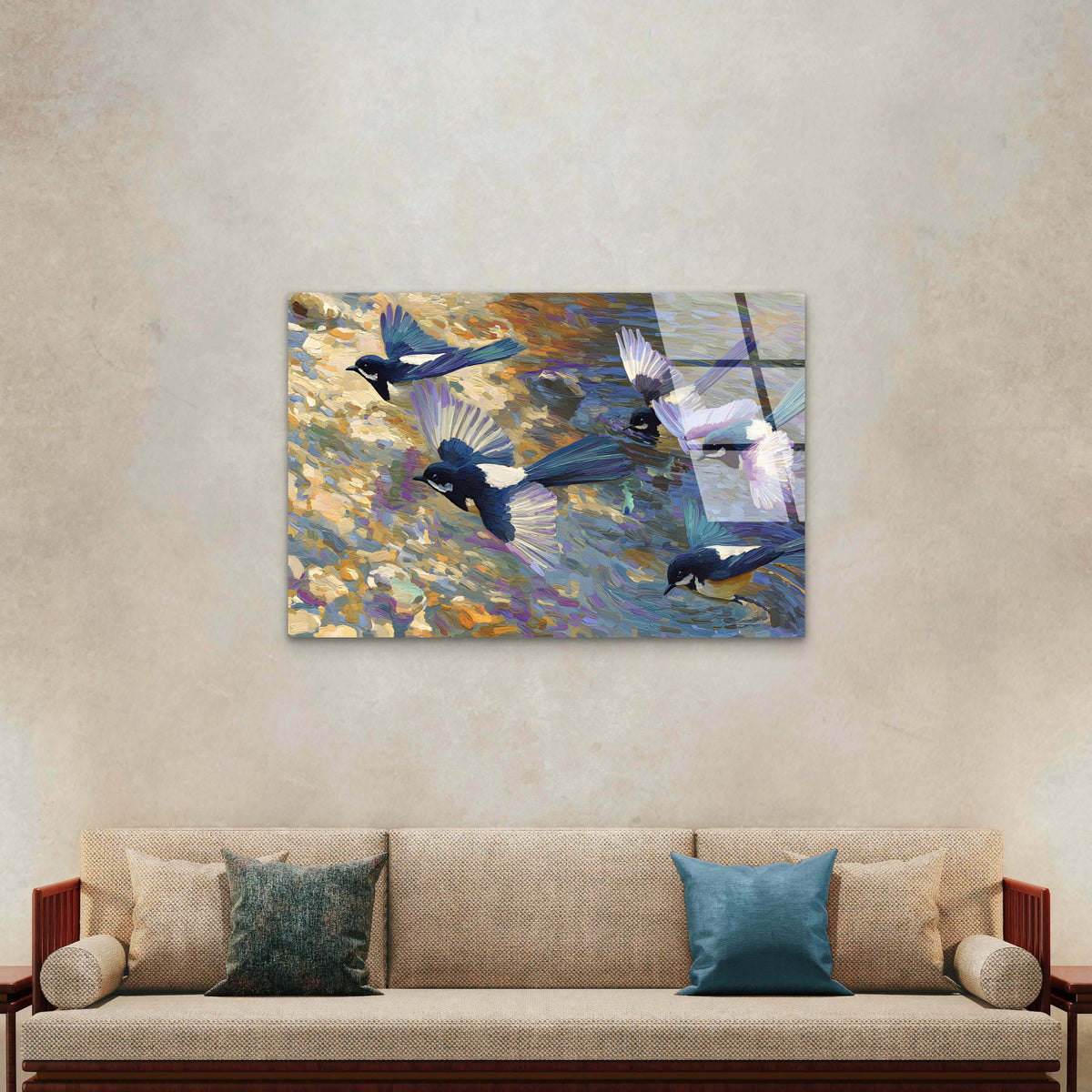 Flying Magpie Bird Flock Paint Acrylic Glass Printing Wall Art Australian Made Quality
