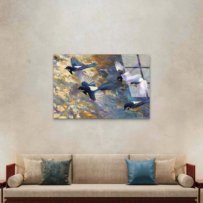 Flying Magpie Bird Flock Paint Acrylic Glass Printing Wall Art Australian Made Quality