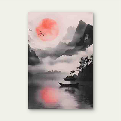 Chinese Ink Wash Style Landscape with Sunset 60x90cm Metal Print Ready to Hang - Bella Home Decor