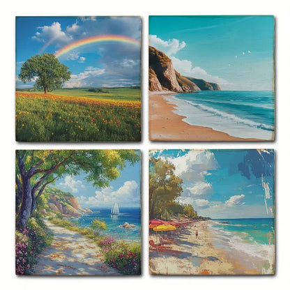 4pcs Rainbow With Beach Side Wall Art Canvas Framed