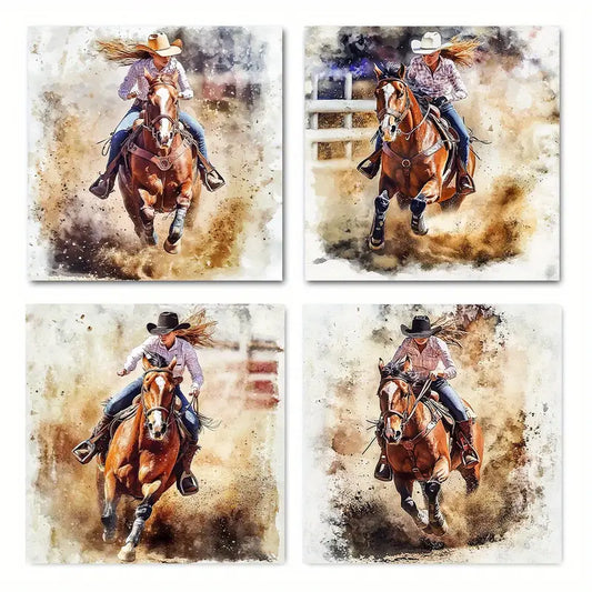 4pcs Watercolor Western Action Scenes Wall Art Canvas Framed