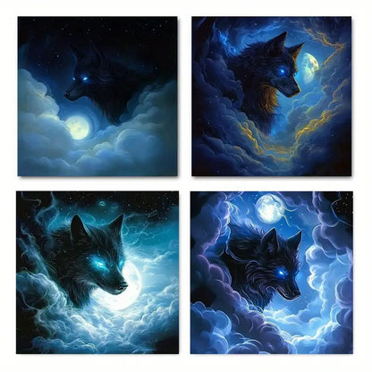 4pcs Blue Wolf under the moon Suitable  FG  Wall Art Canvas Framed