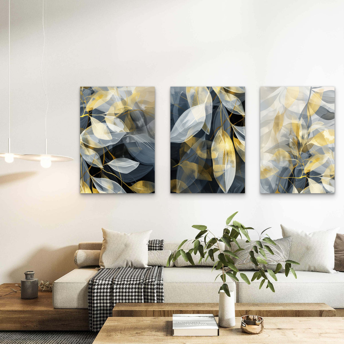 3pcs Modern Gold Navy Botanical Leaf Metal Print Ready to Hang Art