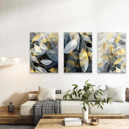 3pcs Modern Gold Navy Botanical Leaf Metal Print Ready to Hang Art