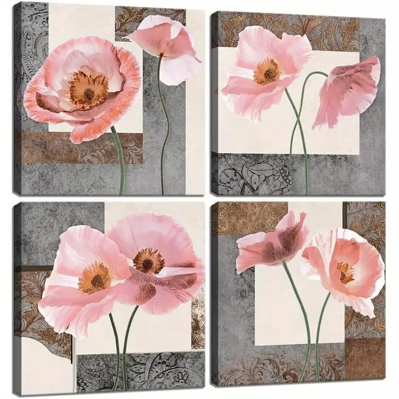 4pcs Pink Flower Wall Art Floral Pictures Wall Art Canvas Framed