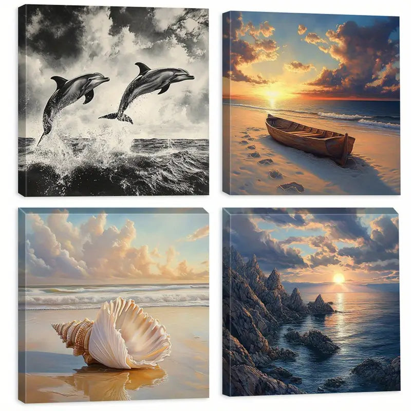 4pcs Ocean Seashells Black And White Art  Wall Art Canvas Framed