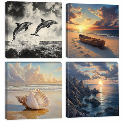 4pcs Ocean Seashells Black And White Art  Wall Art Canvas Framed