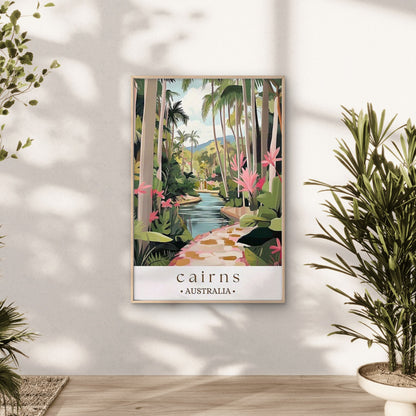 Tropical Palm Trees, Pink Flowers Cairns Australia Travel Poster Print Wall Art