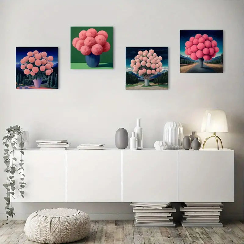 4pcs Fluffy Flowers Picture Wall Art Canvas Framed