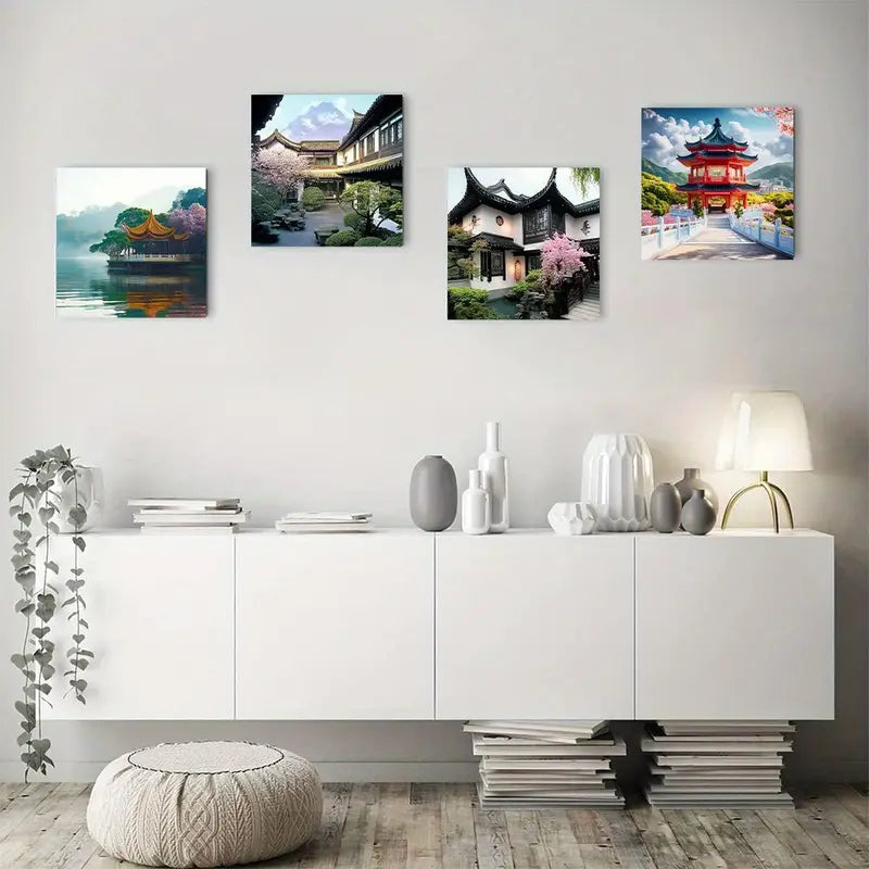 4pcs Cherry Blossom River Cottag Art Wall Art Canvas Framed